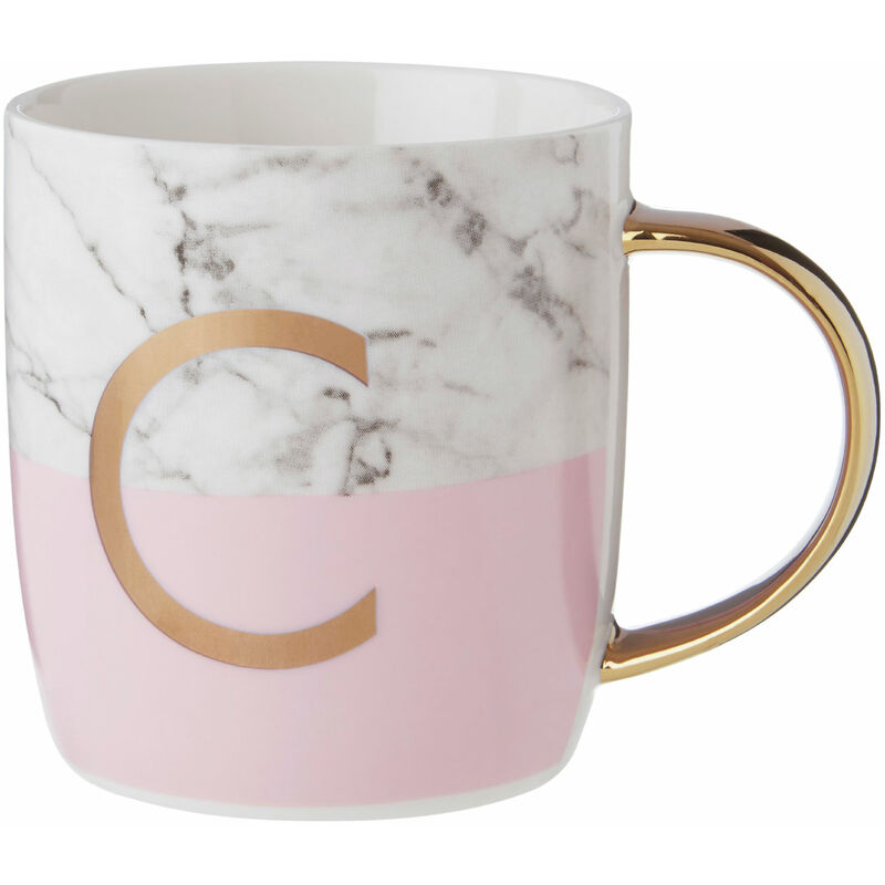 Premier Housewares Pastel Pink C Letter Monogram Mug Large Coffee / Tea Mug Stylish Marble Pattern With Golden Handle 9 x 9 x 12