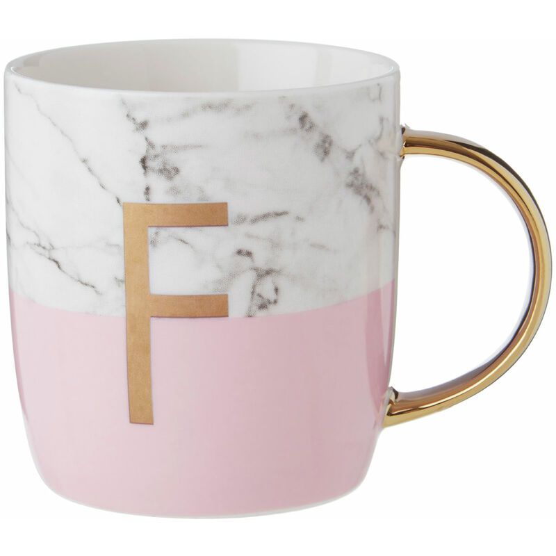 Premier Housewares Pastel Pink F Letter Monogram Mug Large Coffee / Tea Mug Stylish Marble Pattern With Golden Handle 9 x 9 x 12