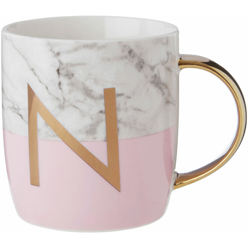 Premier Housewares Pastel Pink N Letter Monogram Mug Large Coffee / Tea Mug Stylish Marble Pattern With Golden Handle 9 x 9 x 12