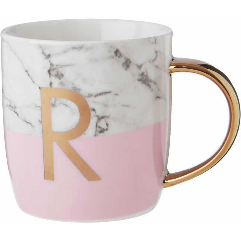 Premier Housewares Pastel Pink R Letter Monogram Mug Large Coffee / Tea Mug Stylish Marble Pattern With Golden Handle 9 x 9 x 12