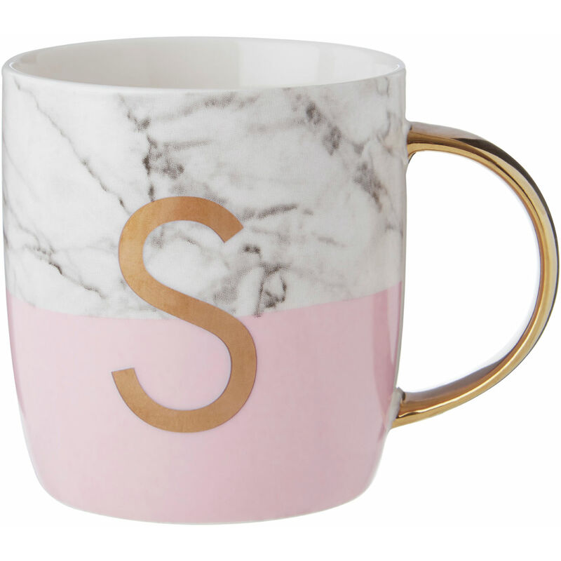 Premier Housewares Pastel Pink S Letter Monogram Mug Large Coffee / Tea Mug Stylish Marble Pattern With Golden Handle 9 x 9 x 12