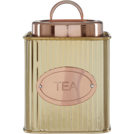 Premier Housewares Rectangular Tea Canister Stainless Steel Storage Containers For Kitchen Ribbed Design Items Tea Sugar Canister And More Storage Jars w10 x d10 x h12cm