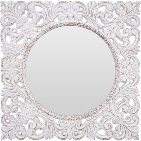 Premier Housewares Round Wall Mirror/ Classic Mirrors For Bathroom / Bedroom / Garden Walls Fancy Wall Mounted Mirrors For Hallway With Metallic White Carved Frame Finish W90 X D3 X H90cm.