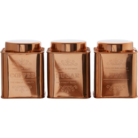 Premier Housewares Set Of 3 Copper Finish Storage Canisters Tea Coffee Sugar Set Kitchen Storage Jars Canister For Sugar Coffee Tea Warm Metallic Airtight Containers 10 x 13 x 30