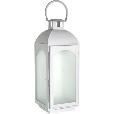 Premier Housewares Small Mild Steel Lantern White Wash Finish Frosted Glass Detail Small Size Display Pillar Candle 16 x 45 x 17