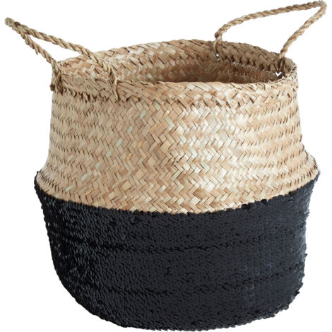 Premier Housewares Small Natural Silver/Black Seagrass Basket Decorative Storage Baskets With Handles For Daily Use Store Clothes Shoes And Bags In Handwoven Baskets 30 x 30 x 28