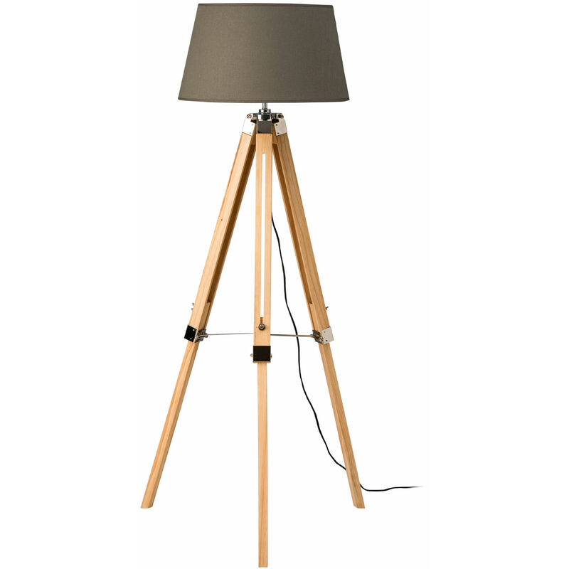 Tripod Floor Lamp Pale Wood And Grey Fabric Shade With Natural Wooden Base Free Standing Lamps For Bedroom Hallways Living Room w65 x d55 x h144cm