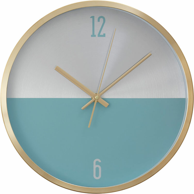 Premier Housewares - Wall Clock Silver / Blue Finish Gold Frame Clocks For Living Room / Bedroom / Contemporary Style Round Shaped Design Metal