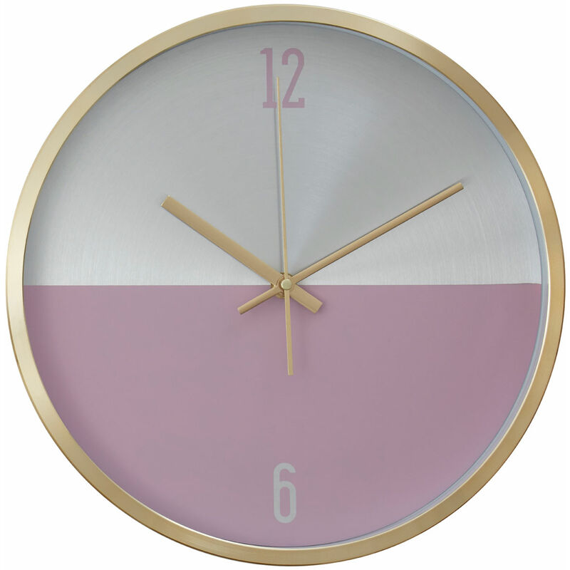 Premier Housewares - Wall Clock Silver / Pink Finish Gold Frame Clocks For Living Room / Bedroom / Contemporary Style Round Shaped Design Metal