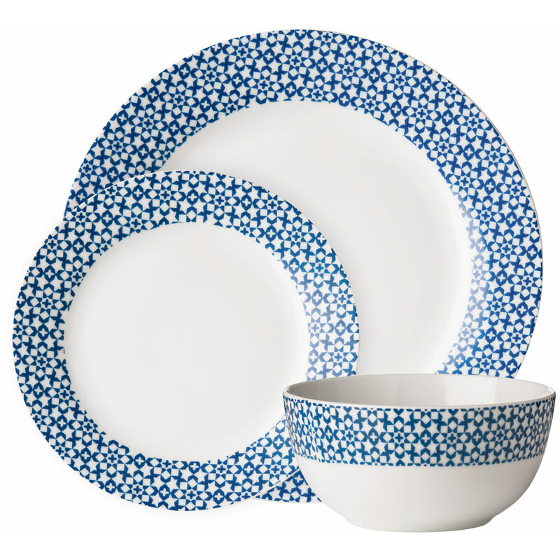 White / Blue Dinner Sets for Dinner or Lunch / Modern Geometric Design Dinner Set for 12/High-Quality Plates Set Made of Porcelain 28 x 18 x 28
