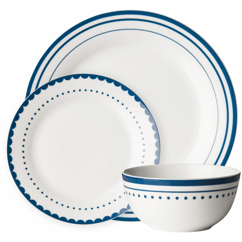 White / Blue Dinner Sets for Dinner or Lunch / Modern Geometric Design Dinner Set for 12/High-Quality Plates Set Made of Porcelain 28 x 19 x 28