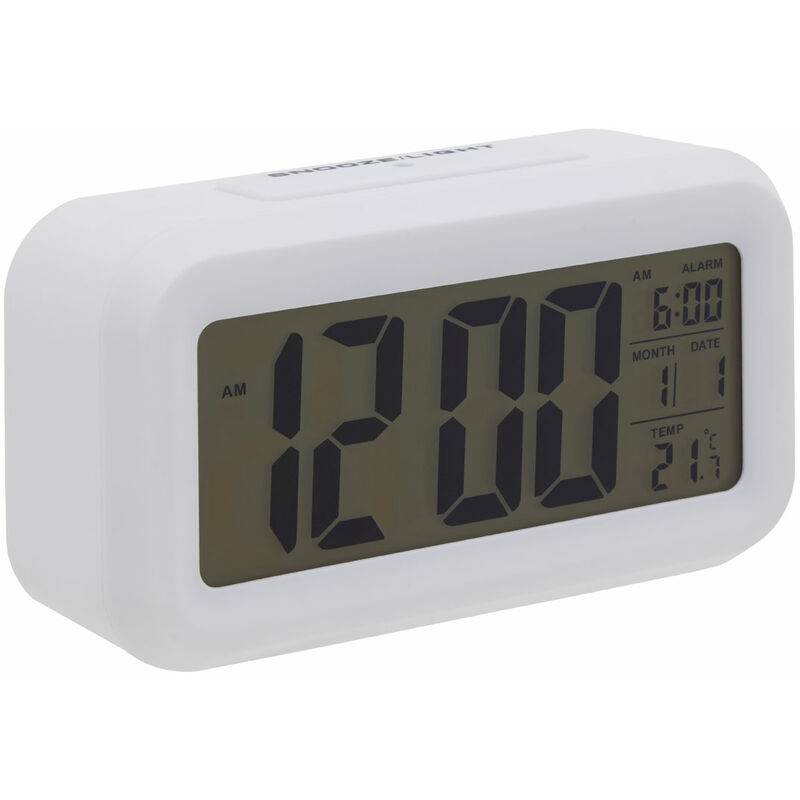 Premier Housewares - White LCD Digital Clock Small Desk Clock / Alarm Clock Battery Powered Lightweight Temperature Sensor Contemporary w14 x d5 x