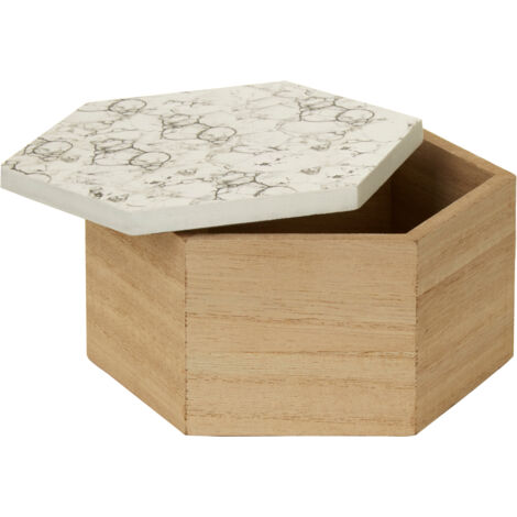 Premier Housewares White Marble Effect Trinket Box Wooden Jewellery Box Display Case Small Storage Case Accessory Storage Hexagonal Shape 15 x 8 x 13