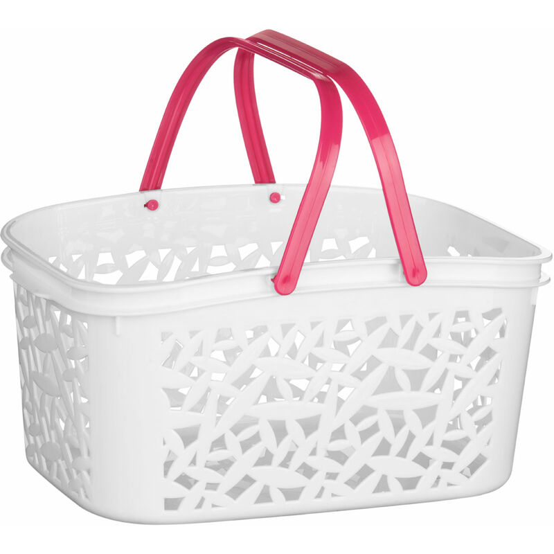 Premier Housewares White Plastic Storage Basket / Made Using Polypropylene/ Crisp Hot Pink Handle/ Laundry Basket/ Hamper Box/ Washing Baskets 19 x