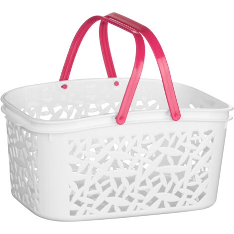 Premier Housewares White Plastic Storage Basket / Made Using Polypropylene/ Crisp Hot Pink Handle/ Laundry Basket/ Hamper Box/ Washing Baskets 19 x 14 x 28