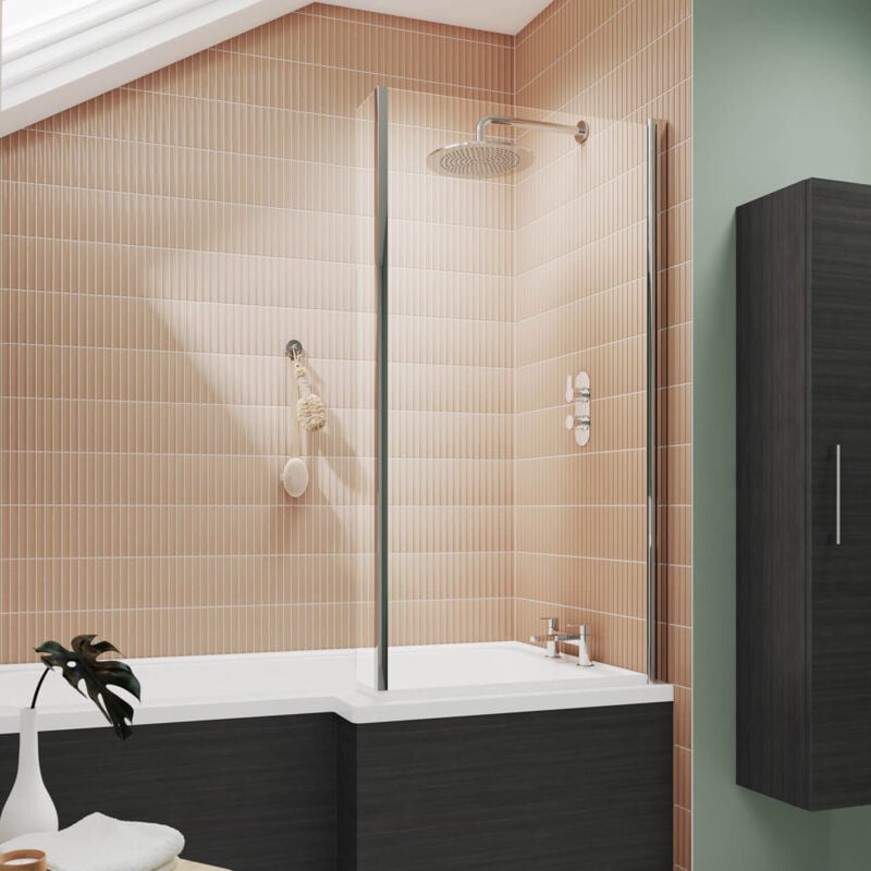 Pacific L-Shaped Hinged Bath Screen 1430mm h x 795mm w - 6mm Glass - Nuie