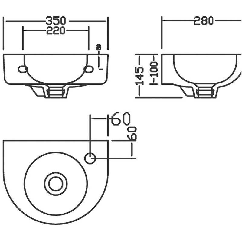 350mm Round Wall Hung Basin - 1 Tap Hole