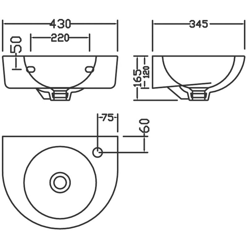 430mm Round Wall Hung Basin - 1 Tap Hole