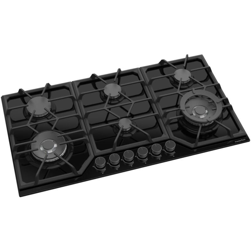 PremierTech PC906G Piano Cottura a Gas a 6 fuochi da 90cm doppio Wok in Vetro Nero