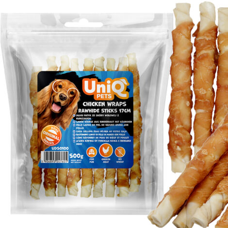 Premio para perros UniQ Pets Long Stick Beefhide con pollo (500 g)
