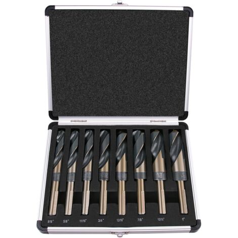 Premium 8-Piece Reduced Shank Drill Bit Set, Silver and Deming, Large Bits in Aluminum Carrying Case, M2 HSS, 135 Degree Slotted Tip Imperial sizes SAE 9/16" - 1" to 1/16