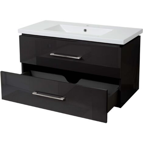 Premium lavabo + mueble bajo lavabo HHG-244, lavabo Lavabo, alto brillo 90cm, negro