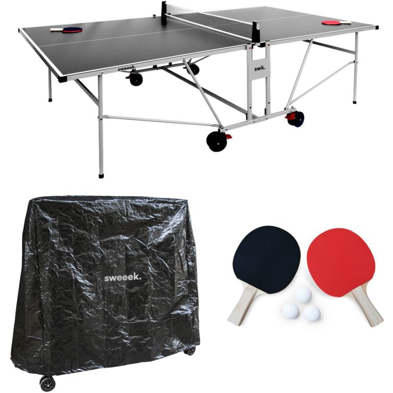 Premium Outdoor Table Tennis Table With 2 Bats, 3 Balls And Protective Cover Grey
