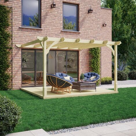 Premium Wall Mounted Pergola and Decking Kit - Wood - L360 x W360 x H270 cm - Light Green