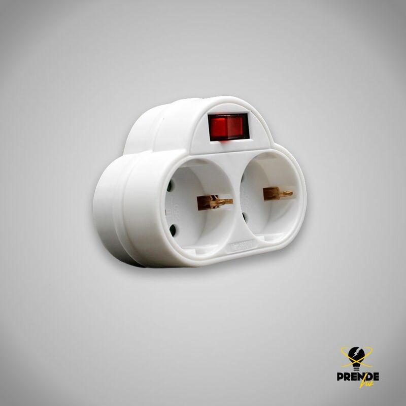 

Adaptador con dos (2) tomas clavija con interruptor 16A/250V. Toma schuko con protección infantil. - Prendeluz