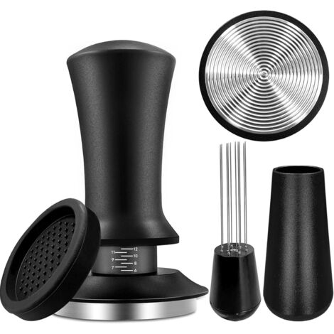 Prensador de café de 51 mm, prensador de espresso con escala ajustable, prensador de café de acero inoxidable, prensador de café de 51 mm con mango de madera