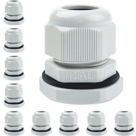 Prensaestopas impermeable IP68 M25 gris – Paquete de 10 conectores de cable ajustables, ideales para uso en exteriores, jardines y cajas de conexiones.