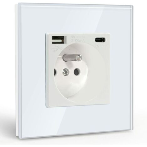 Presa a muro con USB e 1 porta Type-C, alimentazione CA bianca con pannello in cristallo, multipresa a muro con USB (max 2,1 A), adatta per smartphone e tablet