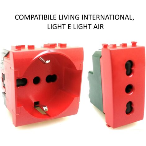 Presa bivalente schuko rosso per UPS frutti compatibili Btcino Living light  Presa Bivalente