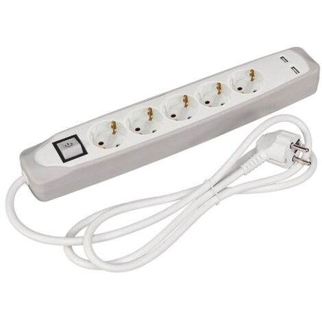 Presa multipla con interruttore - 5 prese - 2 porte usb - colore grigio/bianco - schuko