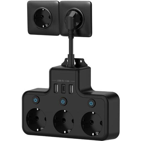 Presa Multipla con Interruttore Individuale, Multipresa con 3 Prese USB C e 3 Caricatori USB, Multipresa da Parete Adattatore per Prese USB Multiple Cavo Corto 0,1 M per Cucina, Ufficio, Nero