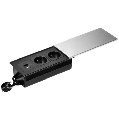Presa per mobili con coperchio scorrevole, 2x2P+Z (francese), USB A+C, argento