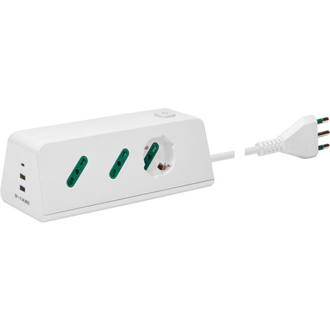 VIMAR 00604.CC.B Presa multipla da scrivania con interruttore e cavo 2m, 1 uscita SICURY universale, 2 uscite SICURY standard italiano, 2 uscite USB A e 1 uscita USB C, spina 16A, bianco