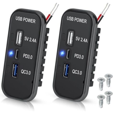 Presa USB da 12 V, porta USB-C PD3.0, caricabatterie QC3.0 e porta USB-A da 2,4 A, pannello di ricarica rapida a 3 porte per auto/barca - 2 pezzi
