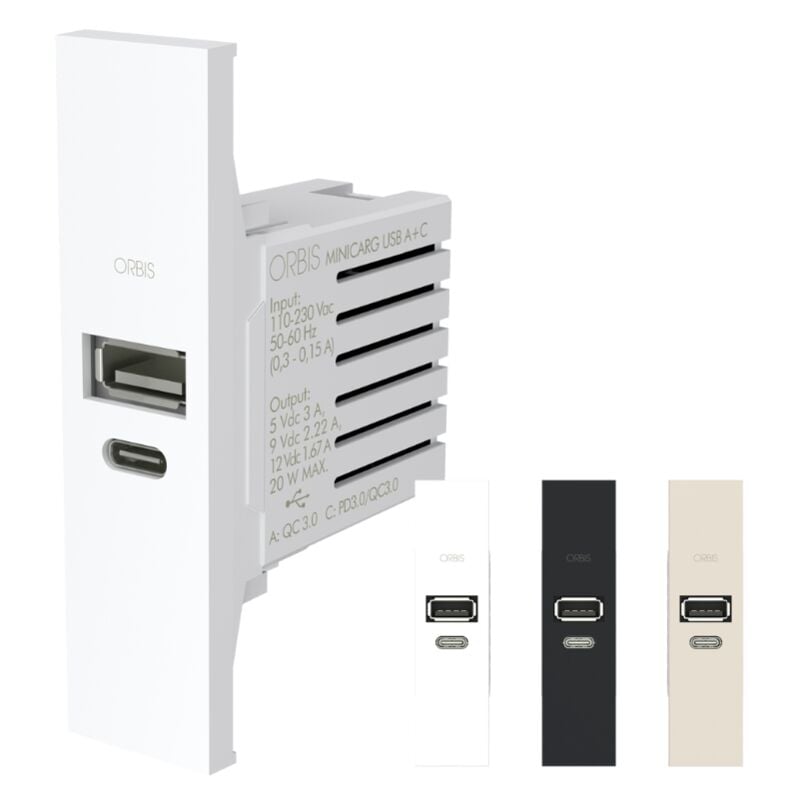 Prises usb Orbis minicarg 1 module usb-a + usb-c avec 3 plastrons - ob140623