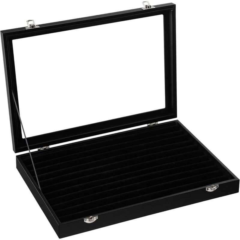 Présentoir à bijoux, Coffret à bijoux, pour Bagues, Clous d'oreilles, Couvercle en Vitre, Noir