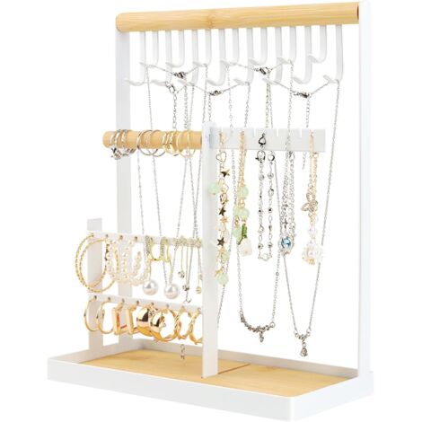 Présentoir à bijoux en métal et bois naturel – 4 niveaux pour 20 paires de boucles d'oreilles – Design compact pour salle de bain ou coiffeuse