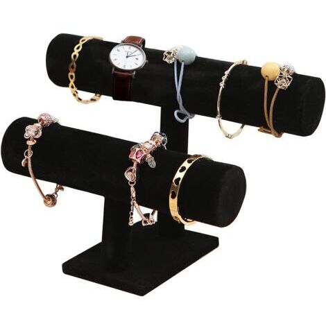 Présentoir à Bijoux en Velours - Porte Bracelet, Support pour Collier, Montre - Organisateur de Bijoux (Noir, 2 Couches)