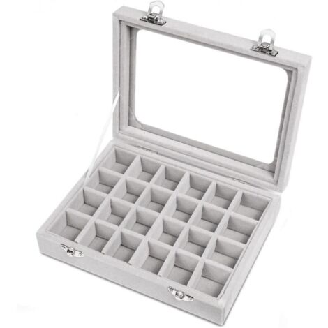 Présentoir à bijoux en verre velours à 24 grilles, boîte de rangement pour bagues, boucles d'oreilles, support de rangement (gris)