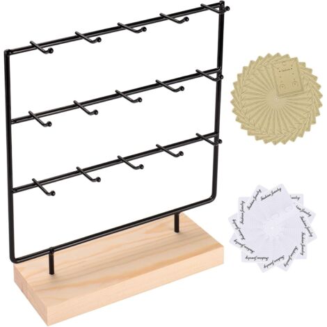 Présentoir à Bijoux,3 Étages 15 Crochets Supports en Bois pour Porte-Clés et Présentation de Rangement Boucles d'Oreilles, Colliers, Bijoux, Bagues, Bracelets et Porte-Clés (Noir)
