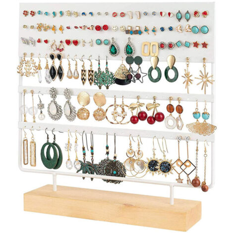 Présentoir À Boucles D’oreilles 3 Niveaux Avec 144 Trous Et Socle En Bois Pour Organiser Bijoux Femme Et Filles