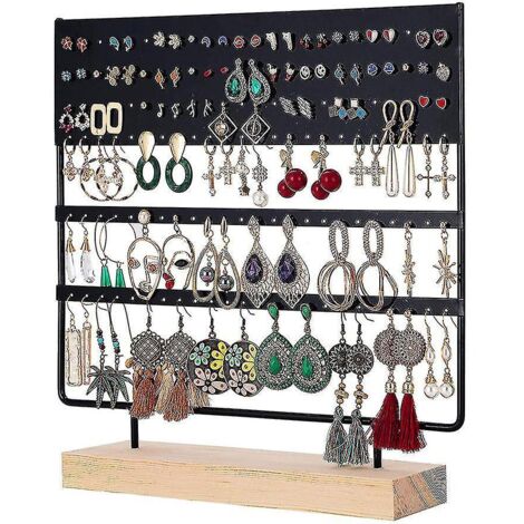 Présentoir à boucles d'oreilles à 3 niveaux, support pour clous d'oreilles, organisateur de bijoux, 144 trous, base en bois, noir.