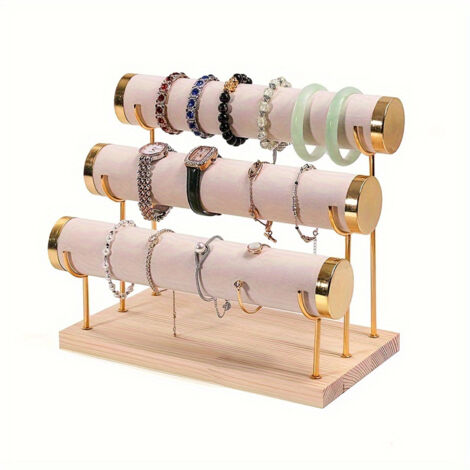 Présentoir à bracelets à trois niveaux, présentoir à bijoux en fer forgé avec base en bois, horloge de table multifonctionnelle et organiseur de bracelets, tours à bijoux - Beige