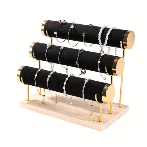 Présentoir à bracelets à trois niveaux, présentoir à bijoux en fer forgé avec base en bois, horloge de table multifonctionnelle et organiseur de bracelets, tours à bijoux - Noir