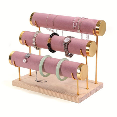 Présentoir à bracelets à trois niveaux, présentoir à bijoux en fer forgé avec base en bois, horloge de table multifonctionnelle et organiseur de bracelets, tours à bijoux - Rose