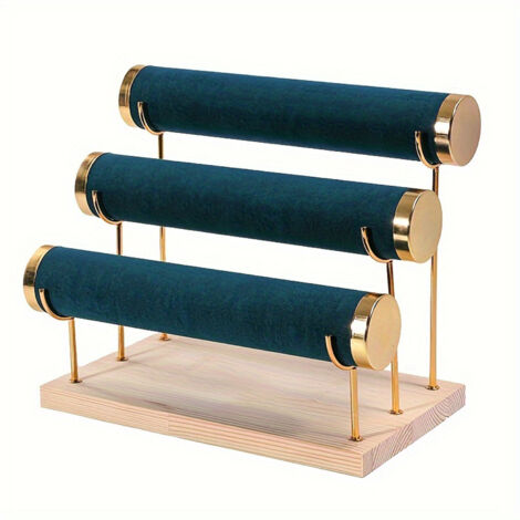 Présentoir à bracelets à trois niveaux, présentoir à bijoux en fer forgé avec base en bois, horloge de table multifonctionnelle et organiseur de bracelets, tours à bijoux - Vert